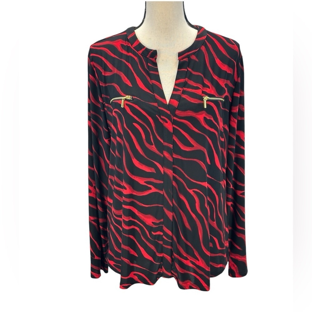 INC Long Sleeve V-Neck Zipper Accent Animal Print Blouse - Black Red - size PXL